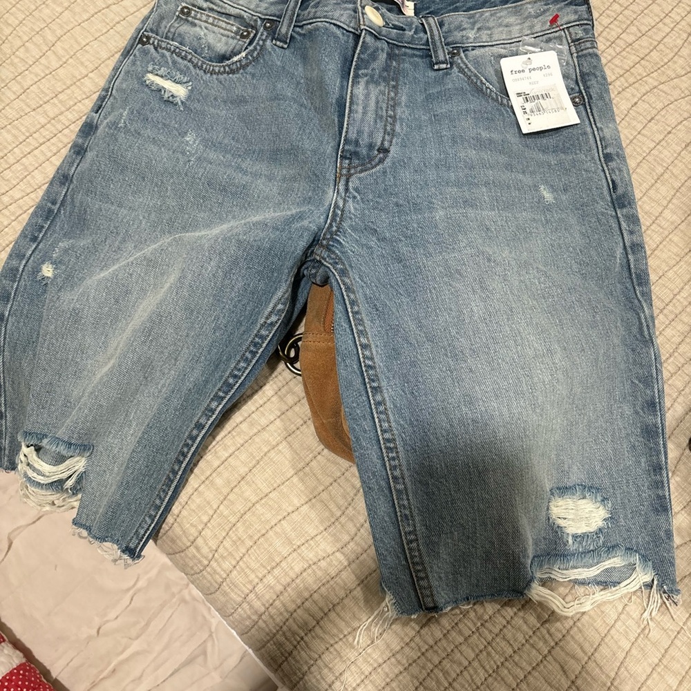 Free People Distressed Blue Denim Shorts
